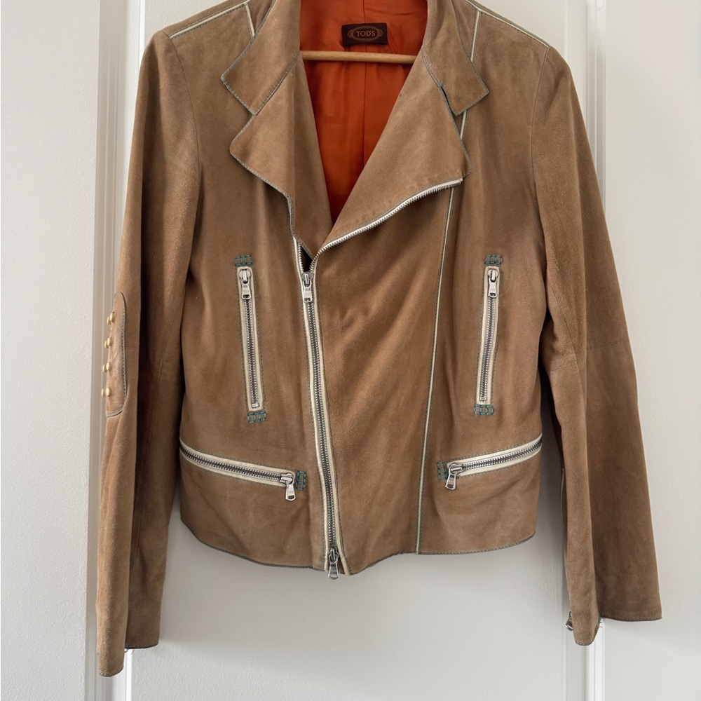 Tod's Tan Leather Motorcycle Jacket with Silver Accents